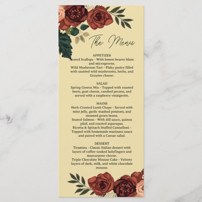 Menu Fleur Romance Beige Chaud , Menu de Mariage (Devant)