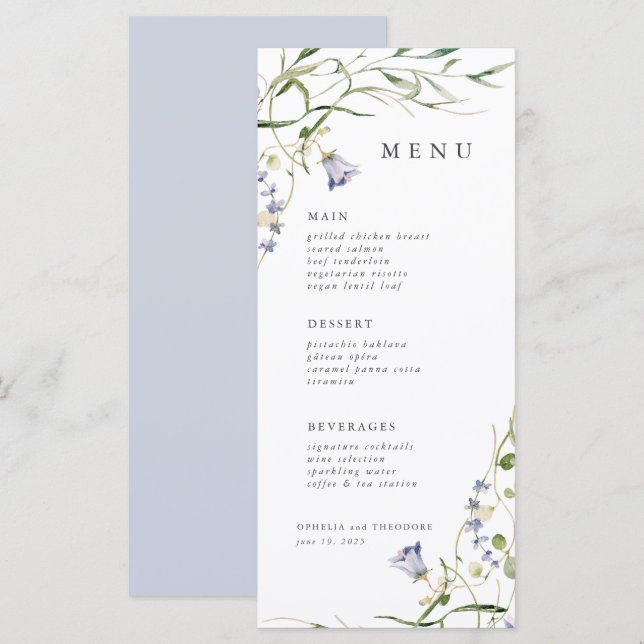 Menu Fleur sauvage Bleu Aquarelle Mariage élégant (Devant / Derrière)
