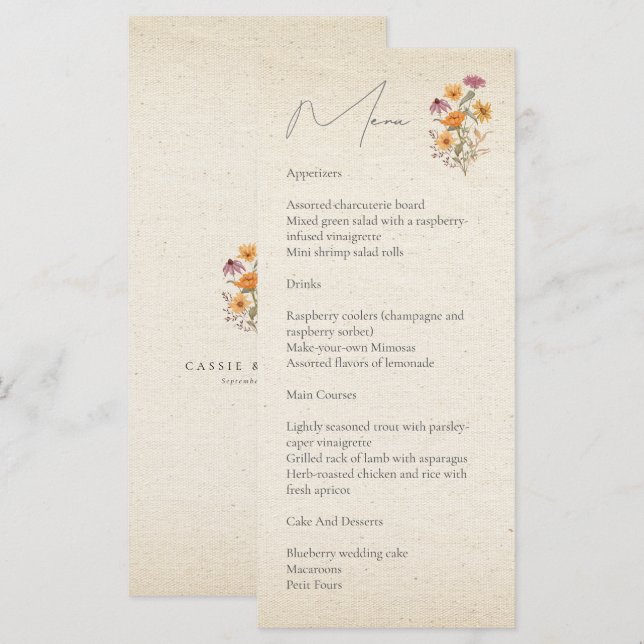 Menu Fleur sauvage d'automne Jardin Mariage botanique (Devant / Derrière)
