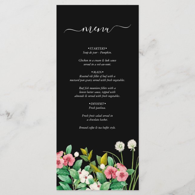 Menu Fleur sauvage Périwinkle Aquarelle Mariage noir (Devant)