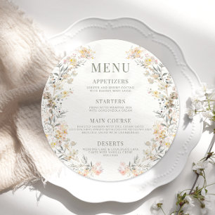 Menu Fleur sauvage rustique neutre Mariage plat rond me