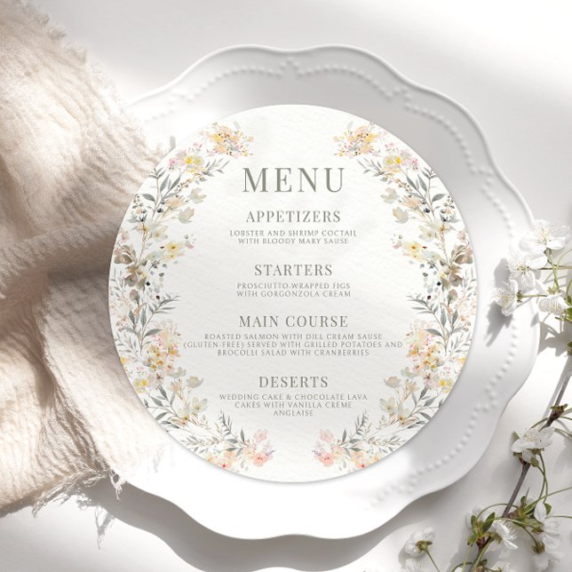 Menu Fleur sauvage rustique neutre Mariage plat rond me (Créateur téléchargé)