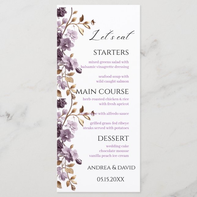 Menu Fleur violette et feuille d'or mangeons Weeding Me (Devant)