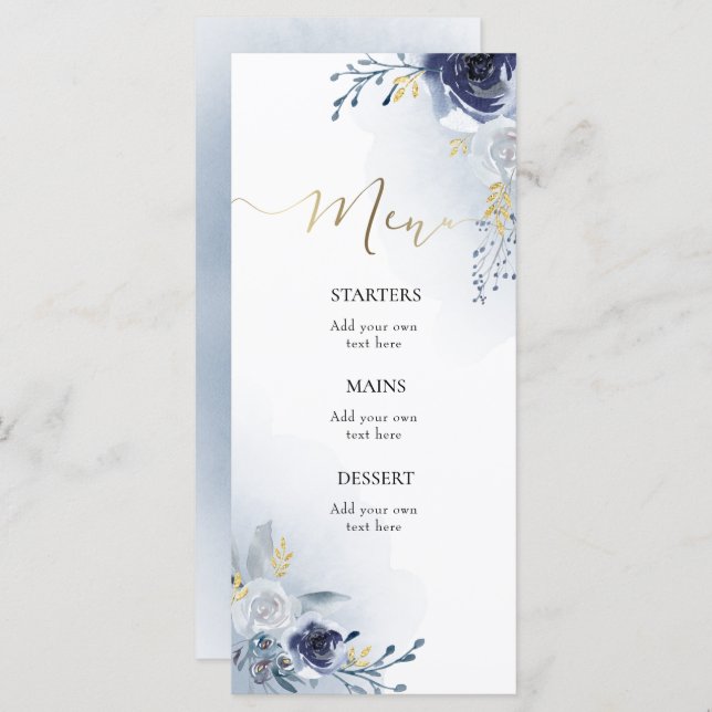 menu fleurs bleu aquarelle (Devant / Derrière)