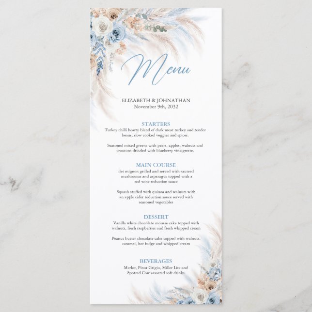 Menu Fleurs bleues poussiéreuses et pampas herbe dîner  (Devant)