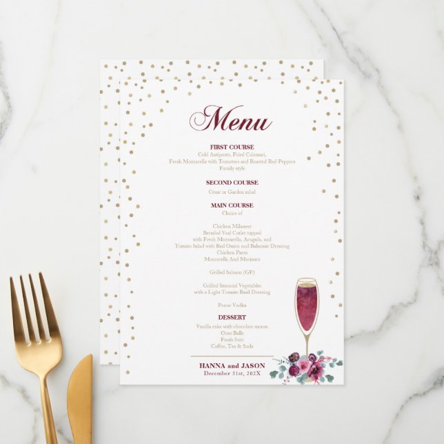 Menu Fleurs bordeaux pailletées Or Elégant (Devant/Arrière en situation)