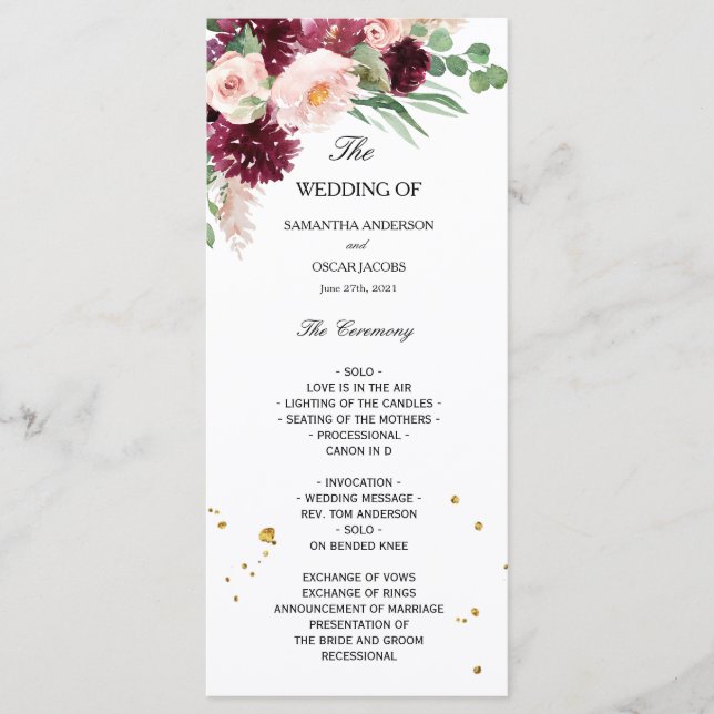 Menu Fleurs de couleur rose blush burgundy aquarelle te (Devant)