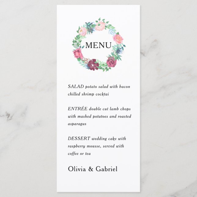 Menu Fleurs de jardin pourpres Couronne. Moi Mariage bo (Devant)