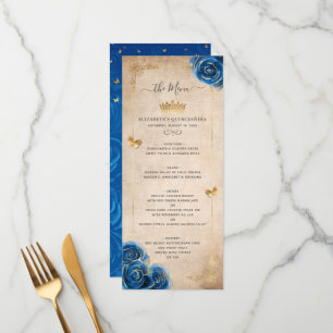 Menu Fleurs de roses bleues et or élégantes aquarelle