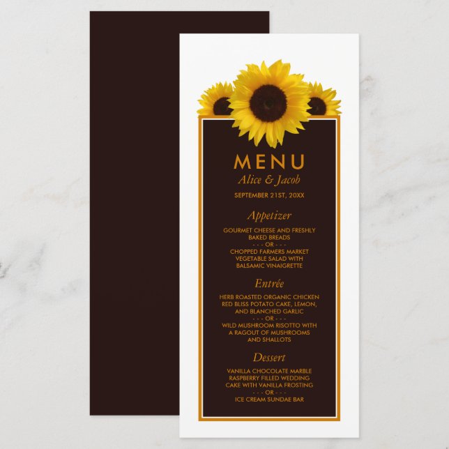 Menu Fleurs de soleil rustiques - Mariage floral (Devant / Derrière)