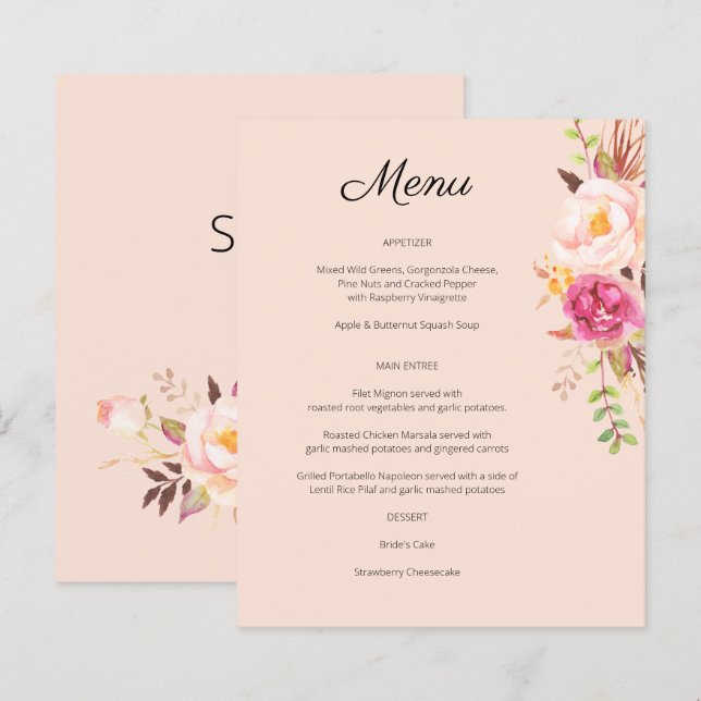 Menu Fleurs Épanouies Rose Pâle de Budget (Devant / Derrière)