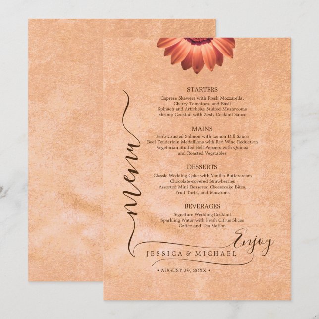 Menu Fleurs Gerbera sur Mariage de pêche Abstrait (Devant / Derrière)