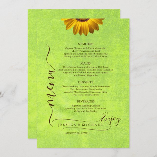 Menu Fleurs jaunes sur Mariage vert Abstrait (Devant / Derrière)