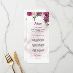 Menu fleurs mauves roses verdure mariage