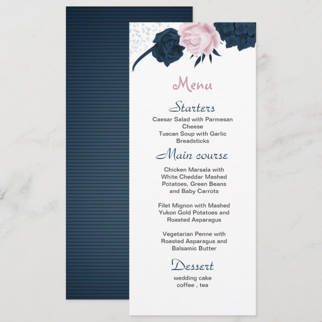 Menu fleurs rose et marine belle mariage (Devant / Derrière)