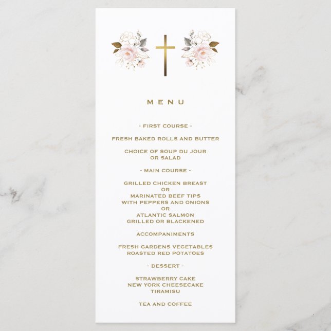 Menu Fleurs roses élégantes Croix d'or Baptême fille (Devant)