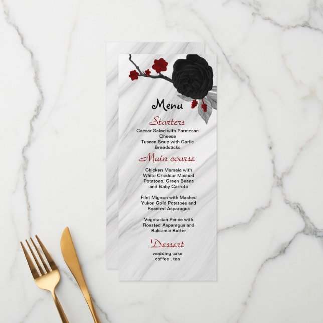 Menu fleurs rouges et noires belle mariage (Devant/Arrière en situation)