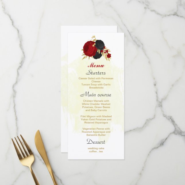 Menu fleurs rouges et noires or mariage botanique (Devant/Arrière en situation)