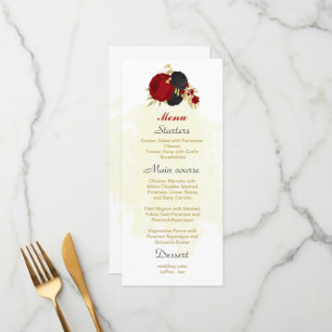 Menu fleurs rouges et noires or mariage botanique