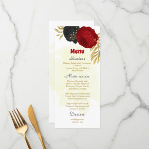 Menu fleurs rouges et noires or mariage botanique