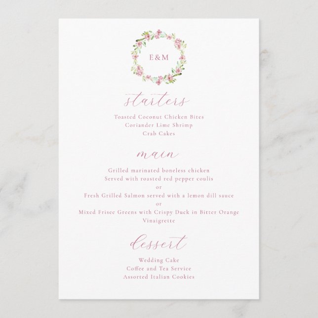Menu Fleurs rustiques à l'aquarelle rose poudré (Devant)