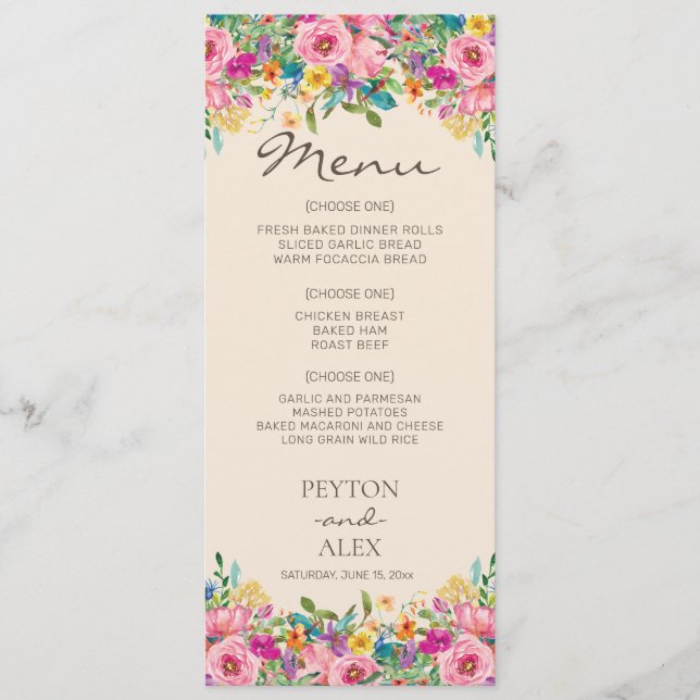 Menu Fleurs sauvages Boho bleu rose jaune Aquarelle (Devant)