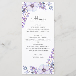 Menu Fleurs violettes à l'aquarelle. Mariage floral vio