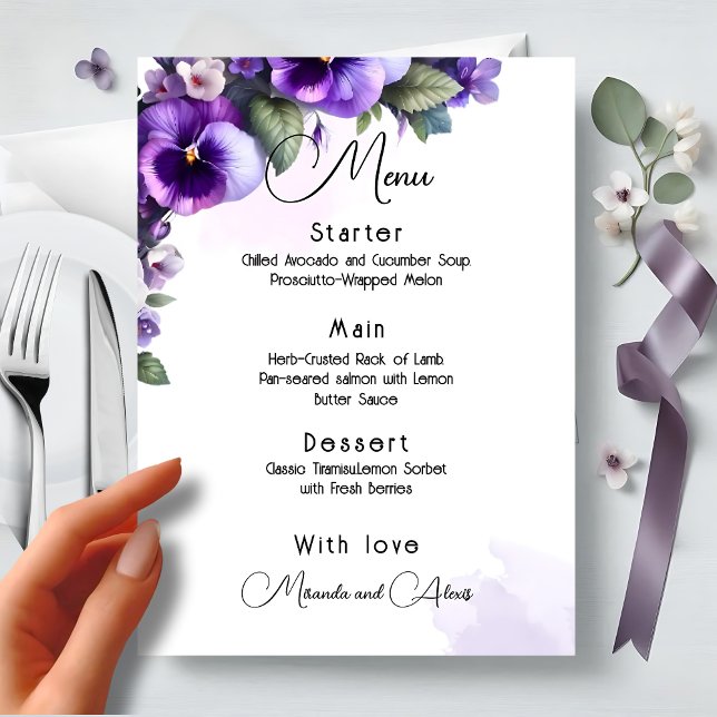 Menu Fleurs violettes et argentées sur fond ivoire (Créateur téléchargé)