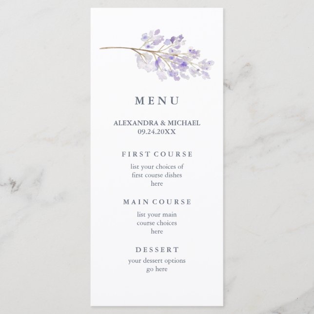 Menu Fleurs violettes et Mariage d'aquarelle de branche (Devant)