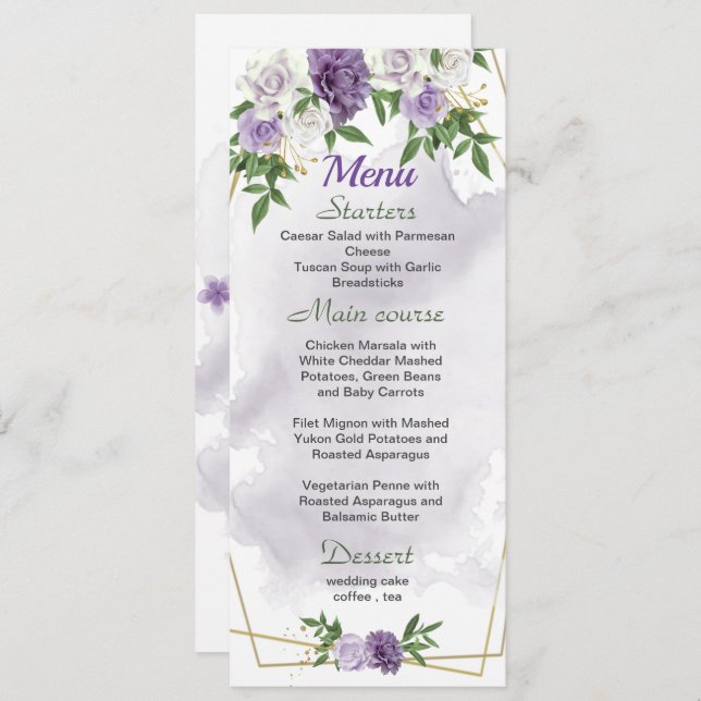 Menu fleurs violettes mariage vert (Devant / Derrière)