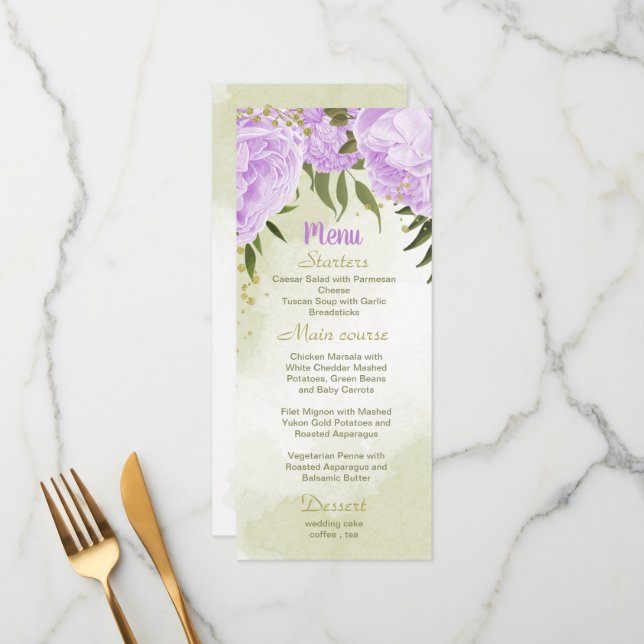 Menu fleurs violettes mariage vert (Devant/Arrière en situation)