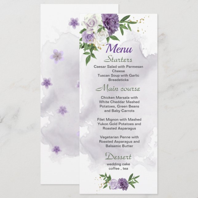 Menu fleurs violettes mariage vert (Devant / Derrière)