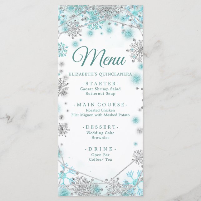 Menu Flocon de neige vert Turquoise Silver Quinceañera (Devant)