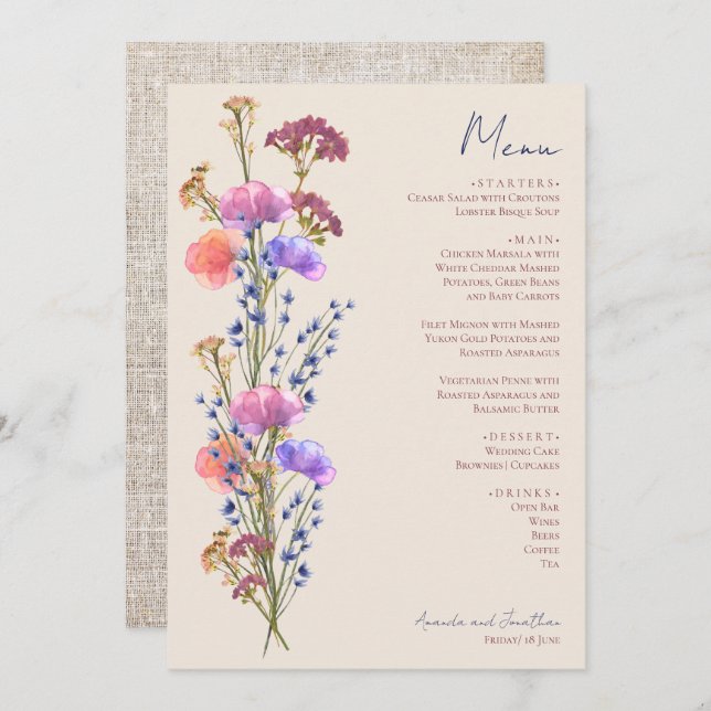 Menu Floral Acrylique Beige Rustique (Devant / Derrière)