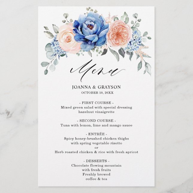 Menu floral bleu marine ardoise rousse rose pâle (Devant)