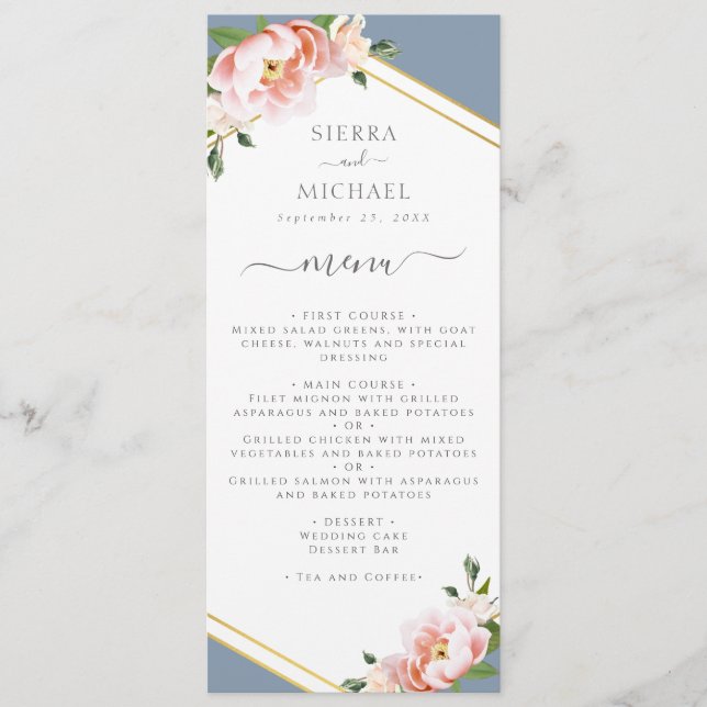 Menu Floral Blush Gold Dusty Blue Wedding Réception (Devant)