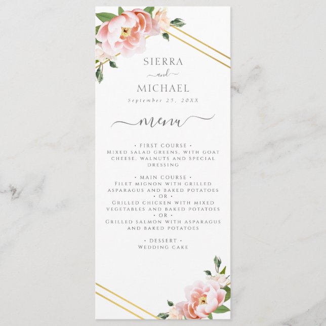 Menu Floral Blush Gold Mint Green Mariage Réception (Devant)