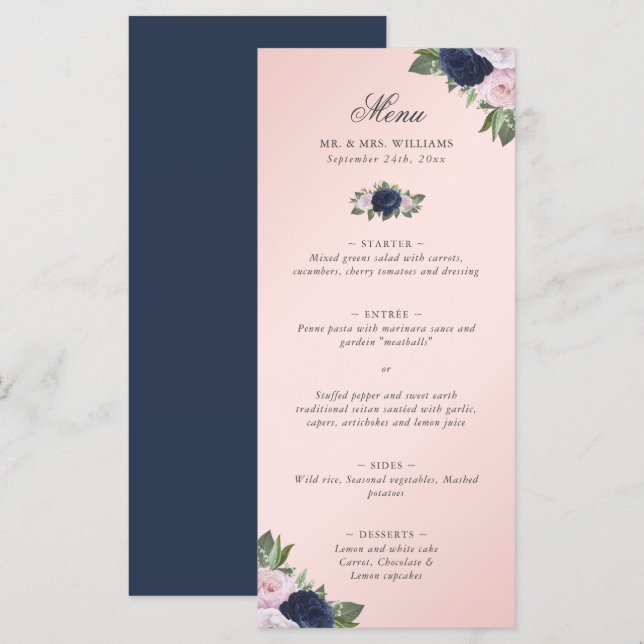 Menu Floral Blush rose marine Mariage bleu (Devant / Derrière)