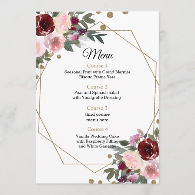 Menu Floral Bourgogne Parties scintillant or Mariage gé (Devant)