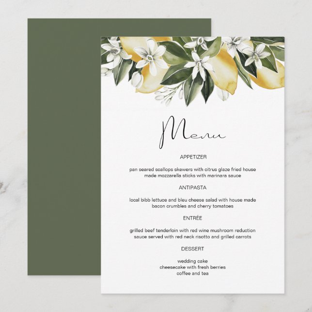 Menu floral de fruits d'agrumes au citron aquarell (Devant / Derrière)