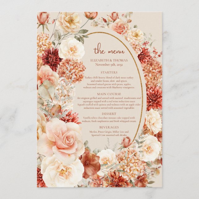 Menu floral délicat en terre cuite brun à la sauge (Devant)