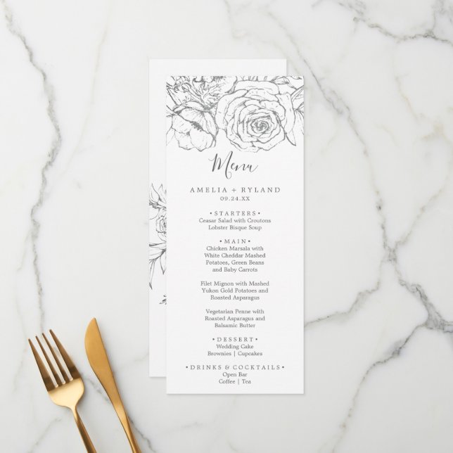 Menu Floral doré | Dîner Mariage en argent et blanc (Devant/Arrière en situation)
