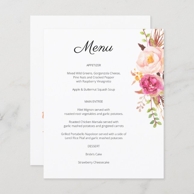 Menu Floral Fleuri Rose Budget - Blanc (Devant / Derrière)