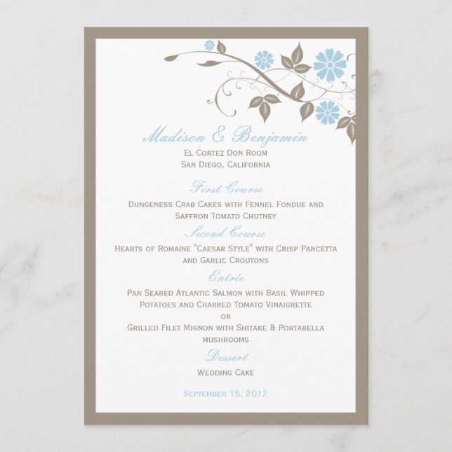 Menu Floral Mariage moderne - Aqua Blue (Devant)