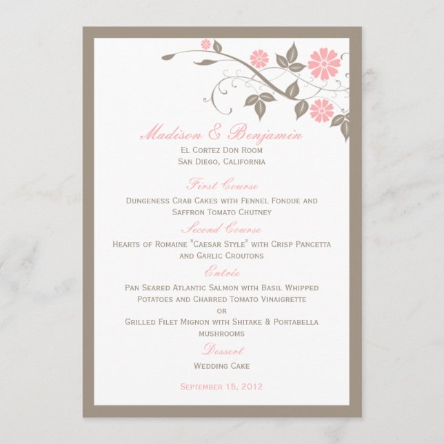 Menu Floral Mariage moderne - Rose doux (Devant)