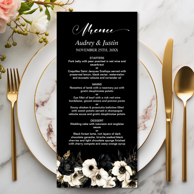 Menu Floral noir et blanc Mariage (Créateur téléchargé)