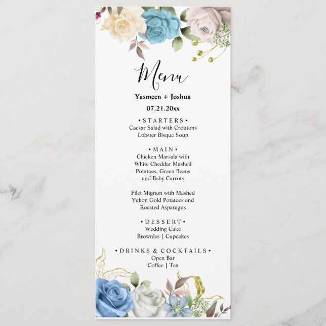 Menu Floral Rose Bleu & Blanc Mariage (Devant)