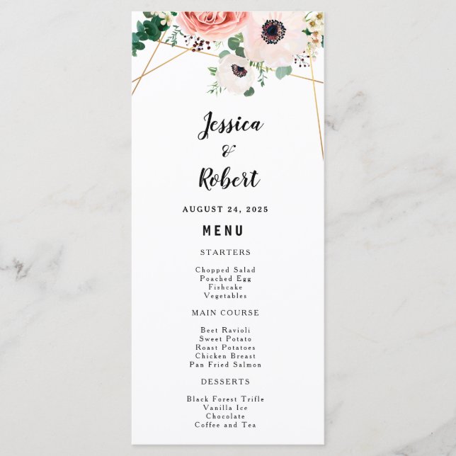 Menu Floral rose Élégant Fleurs modernes Mariage Person (Devant)