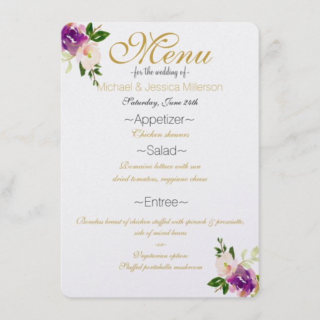 Menu Floral Vin Bourgogne et Aquarelle rose (Devant)