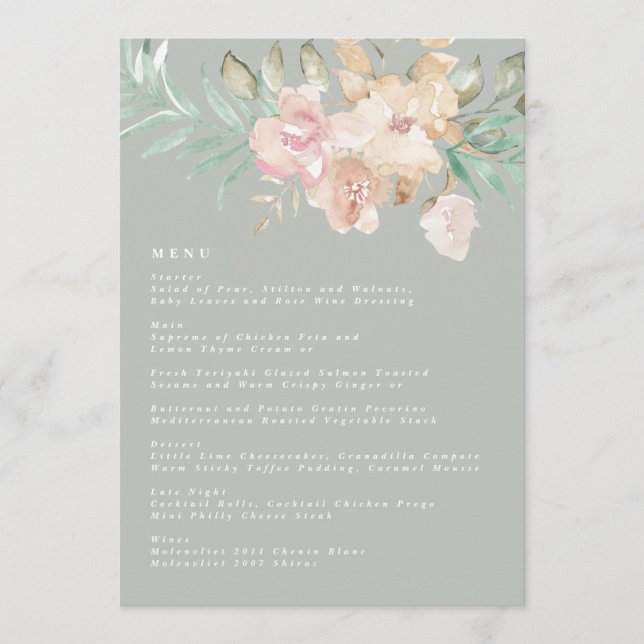 Menu Flores d'aquarelle rustique sur Mariage vert Sage (Devant)